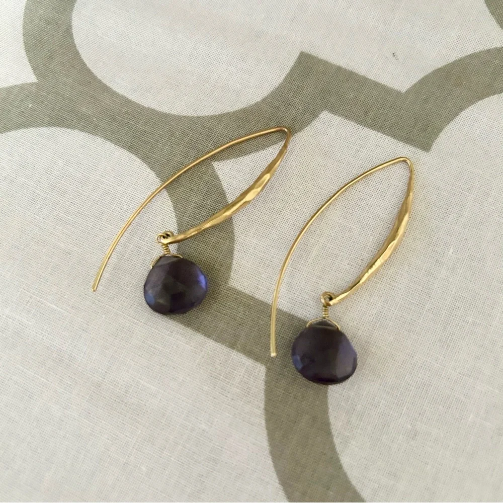 Stella & Dot Gold and Purple Drop Wire Arc Earrings